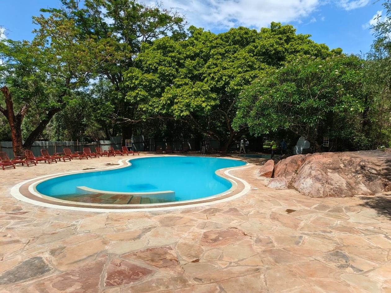 Round pool on volcanic stone shaded by trees at Kilaguni Serena Safari Lodge