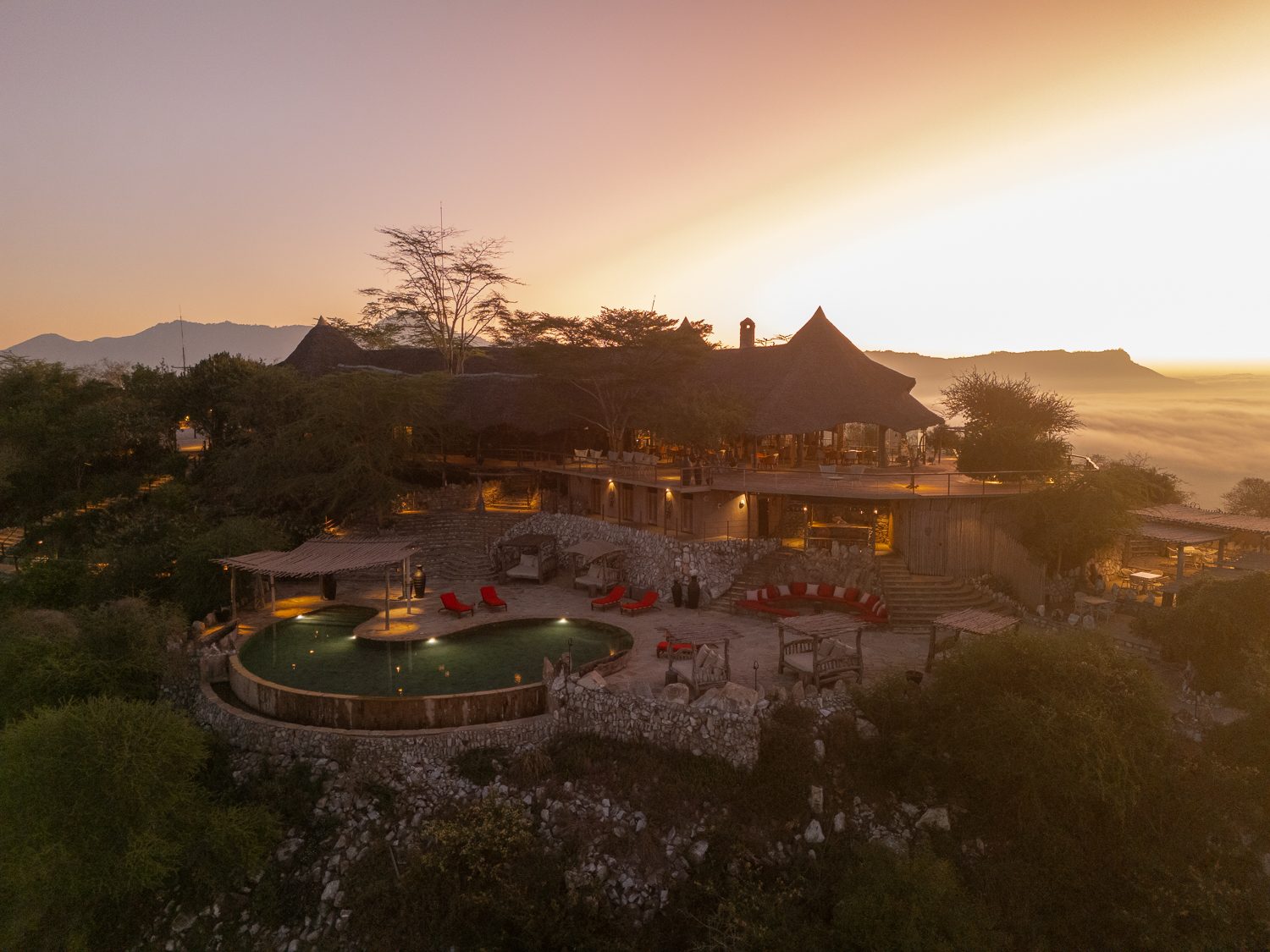 The main lodge and pool on the bluff, from the air