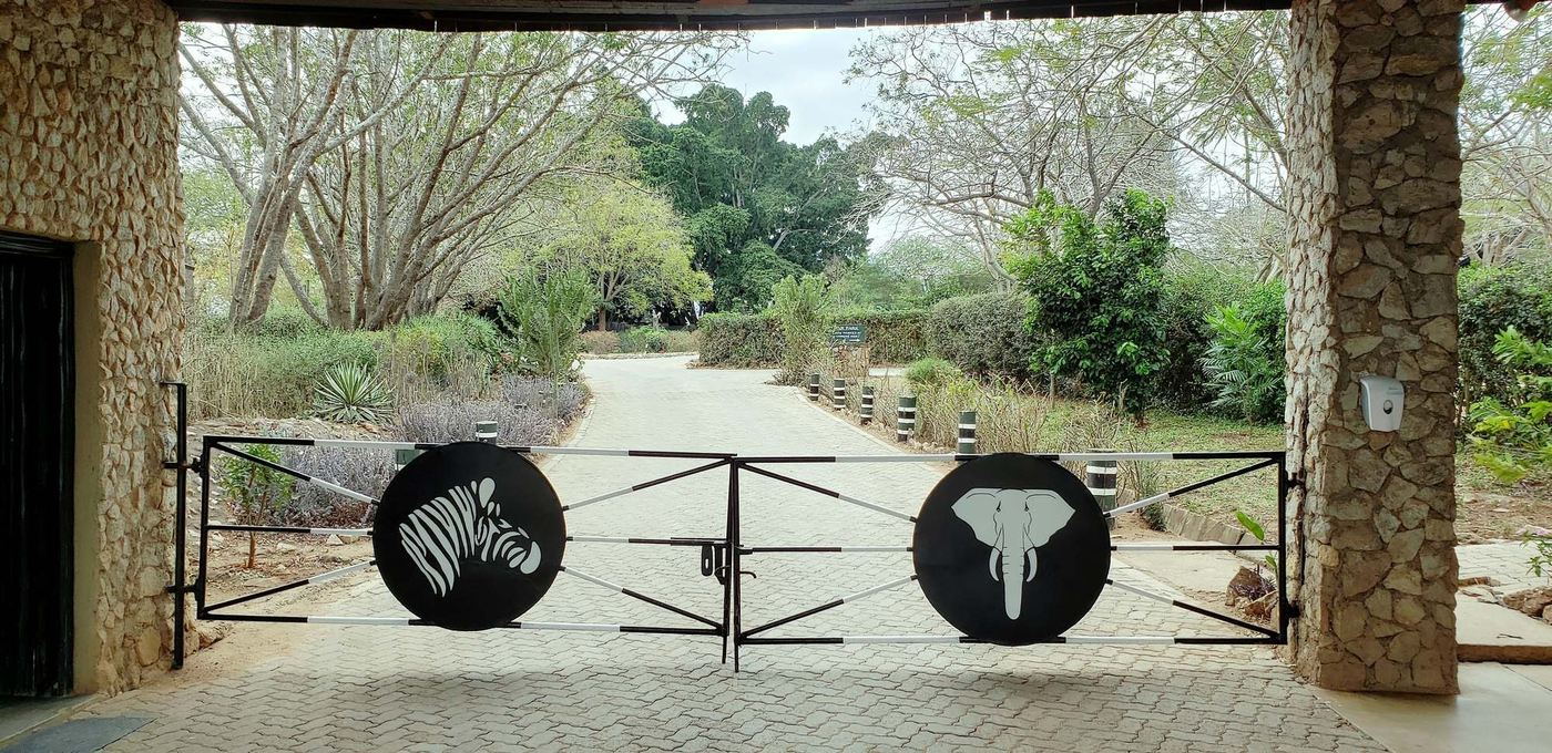 Entrance gate decorated with zebra and elephant emblems at Salt Lick Safari Lodge