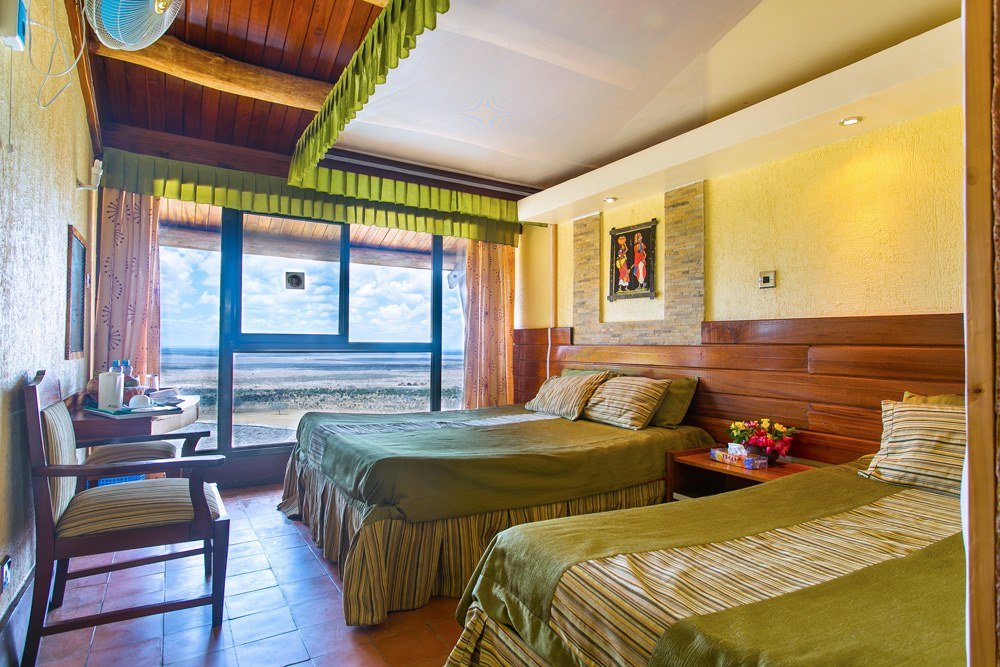 Twin beds beneath a thatched roof face a window onto the savanna at Voi Safari Lodge