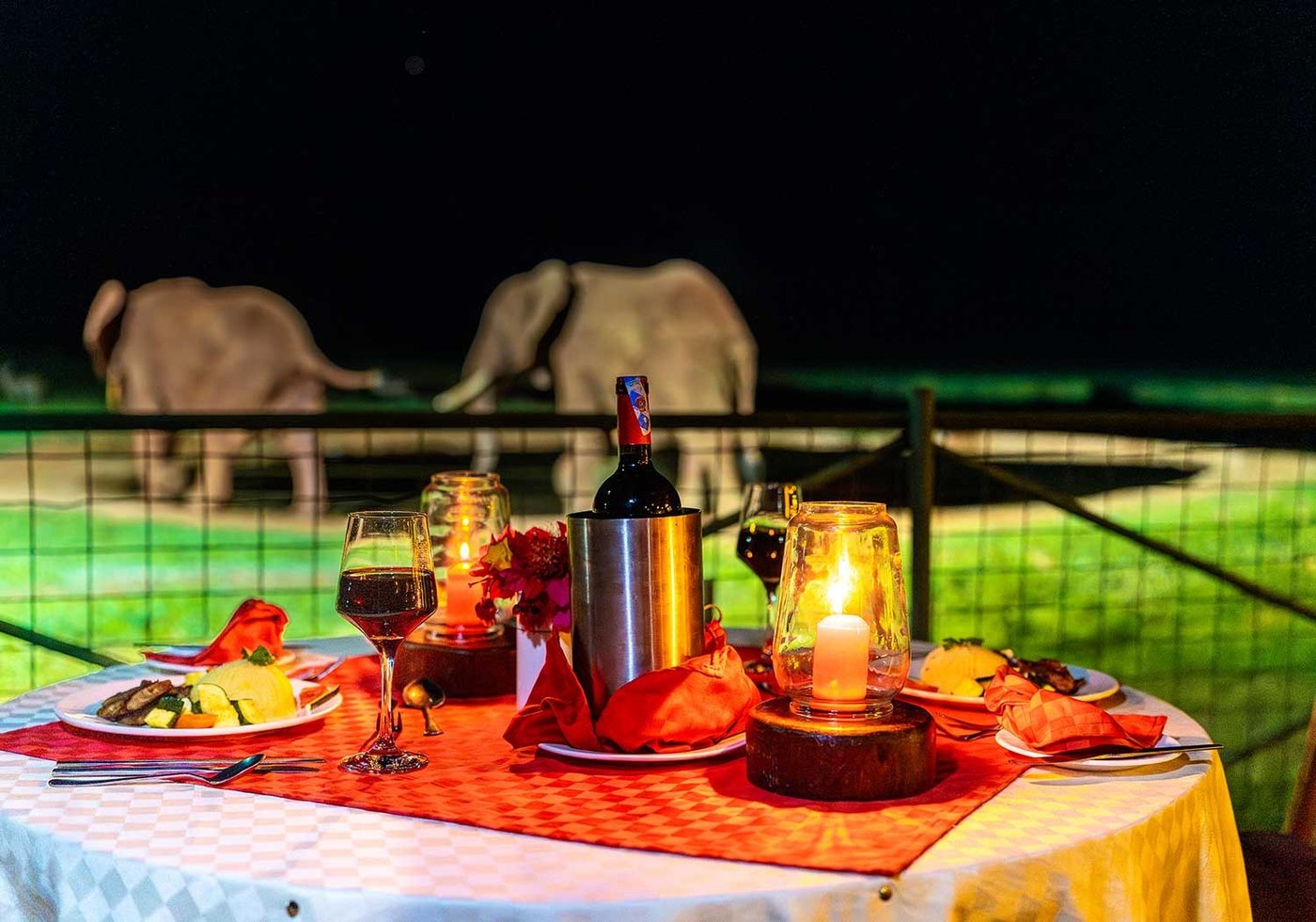 Two elephants pass the floodlit waterhole beyond a dinner table at Voi Wildlife Lodge in Tsavo