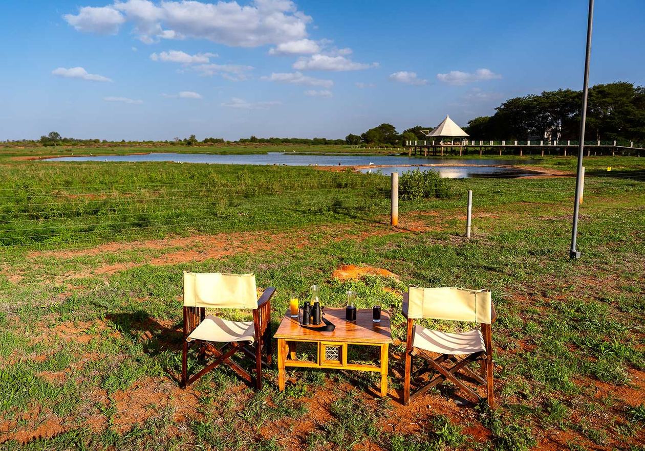 Director's chairs on the lawn overlooking the dam at Voi Wildlife Lodge