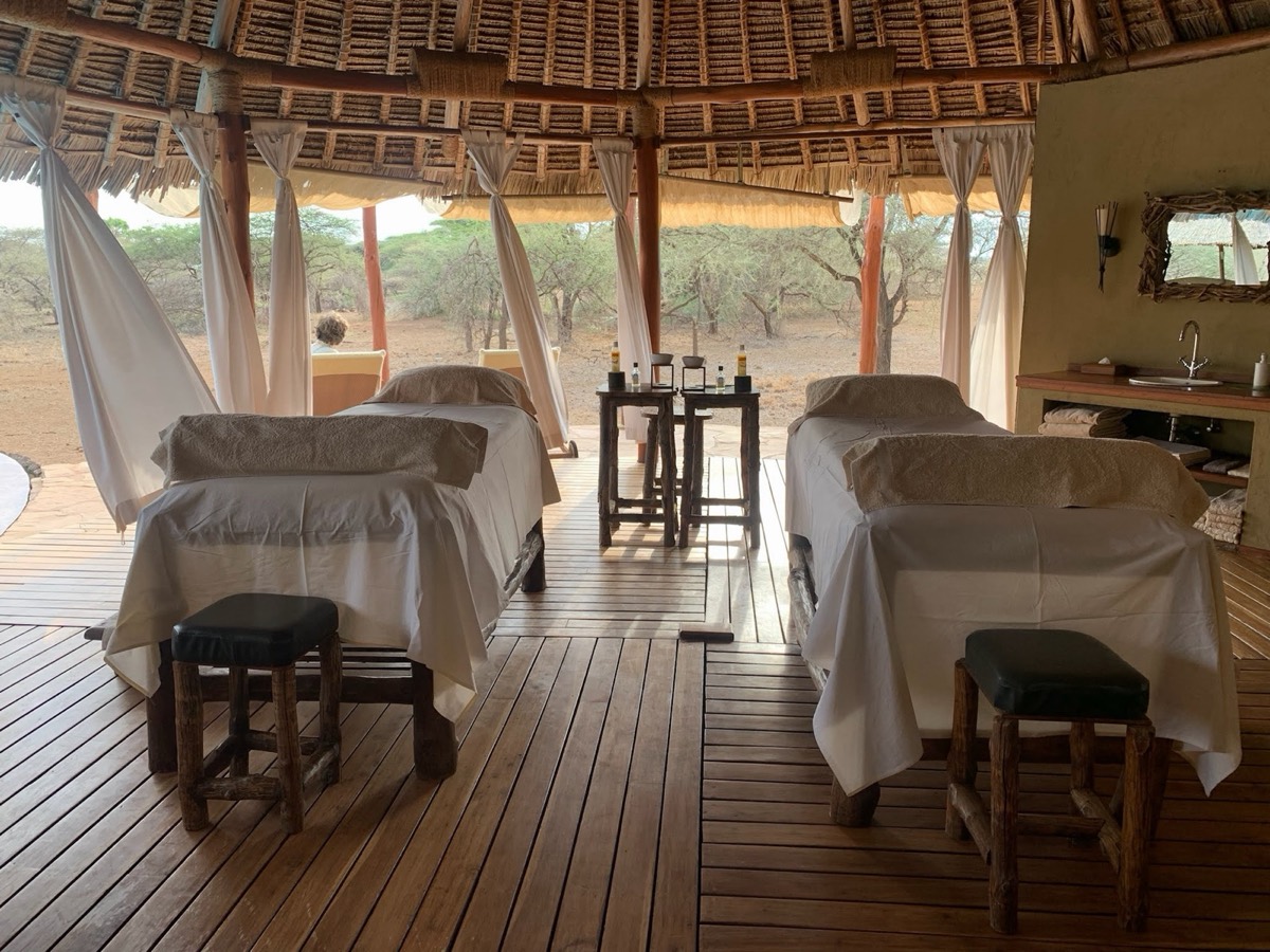 The Kenbali Spa, under its own makuti roof and open to the bush on three sides. Nothing here is fenced either.